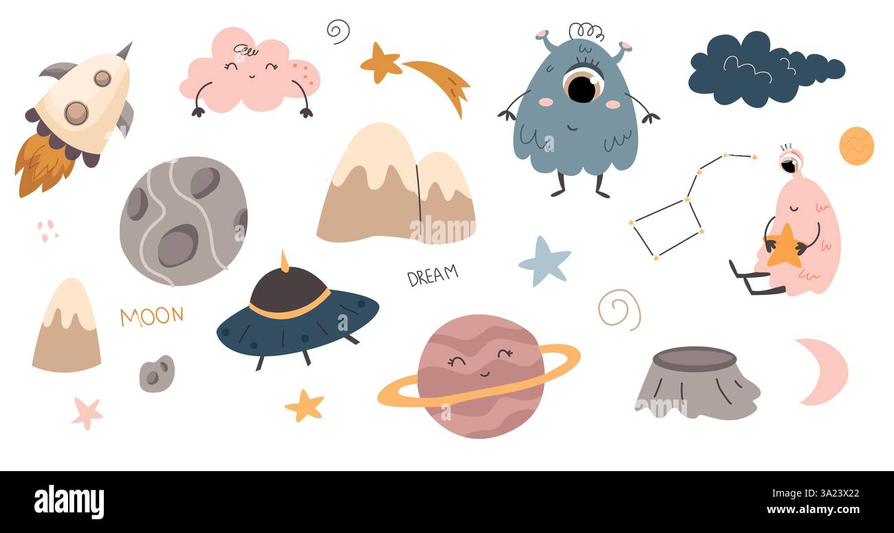 collection de planètes, étoiles dans le style boho pour les enfants. Illustration vectorielle. enfants et espace. ensemble d'illustrations de l'espace pour la chambre des enfants Illustration de Vecteur