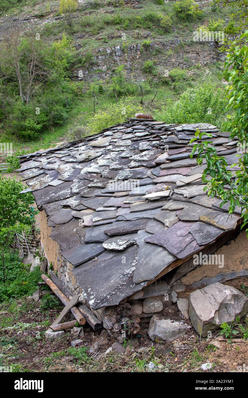 L'image montre un vieux toit en pierre d'une structure rurale nichée dans une verdure luxuriante sur une colline. Le toit est fait de pierres plates et présente des signes de W. Banque D'Images