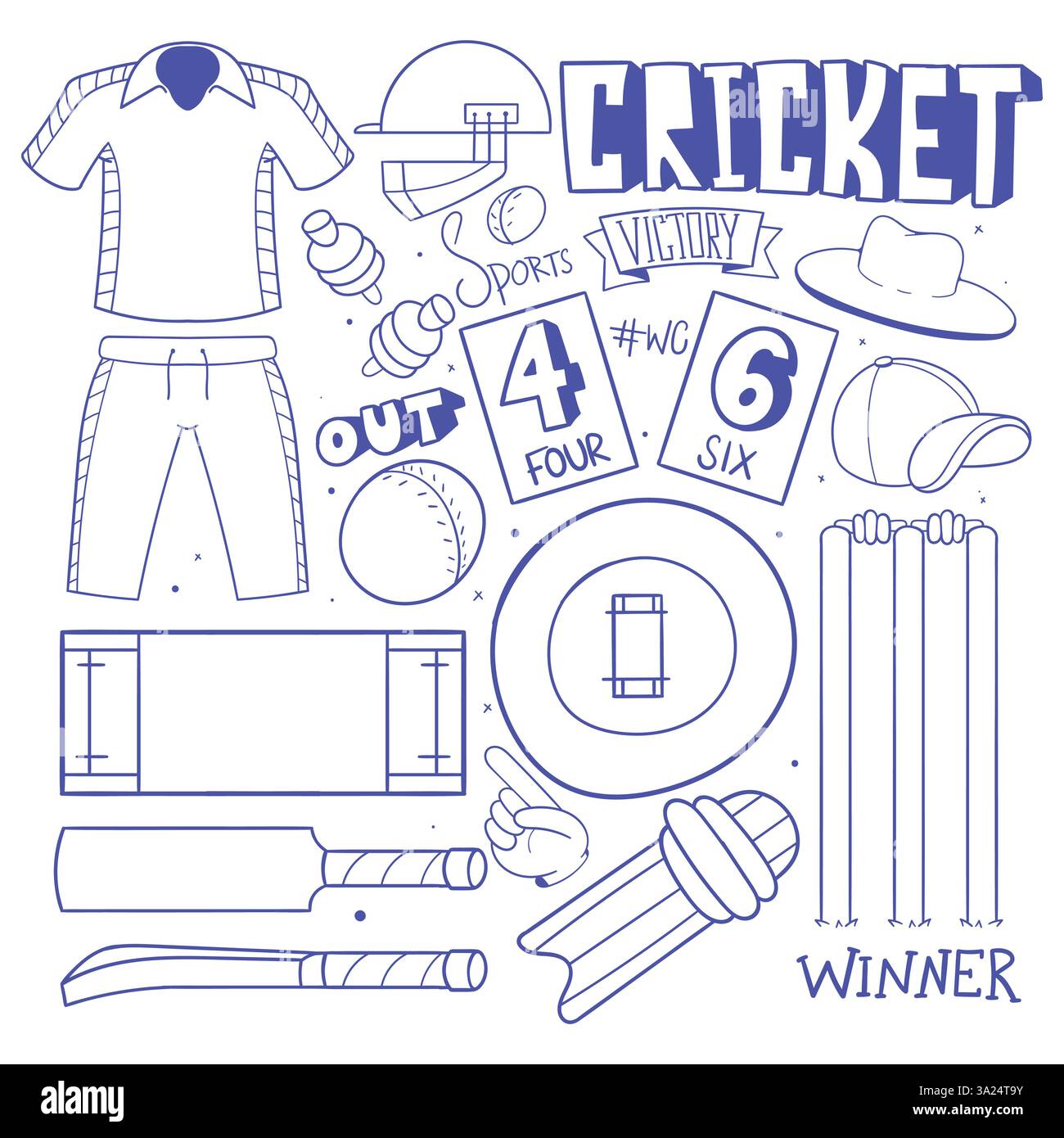 Illustrations de Doodle pour les sports de cricket. vecteur de griffonnages de cricket dessiné à la main. vecteur d'art de cricket doodle Illustration de Vecteur