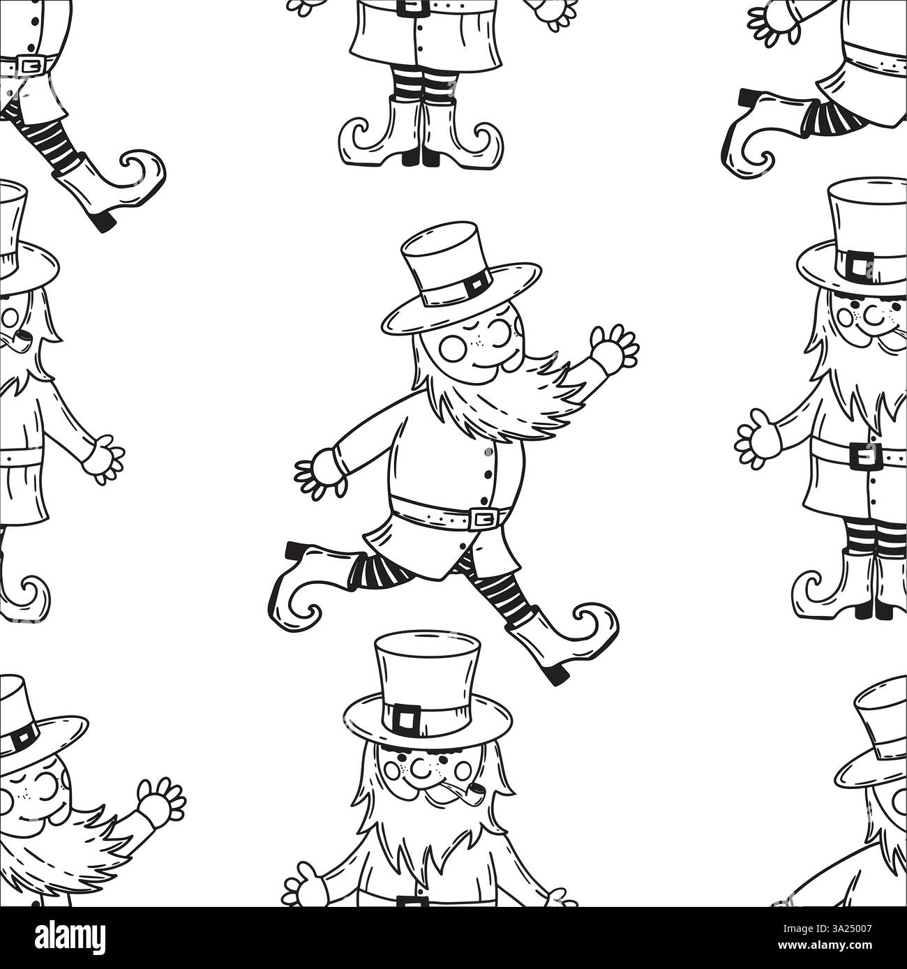Un motif fantaisiste qui présente des leprechauns joyeux, ce qui le rend parfait pour divers projets et décorations festifs. Graphiques vectoriels en noir et blanc dessinés à la main en dessin au trait pour l'impression sur papier et tissu. Illustration de Vecteur