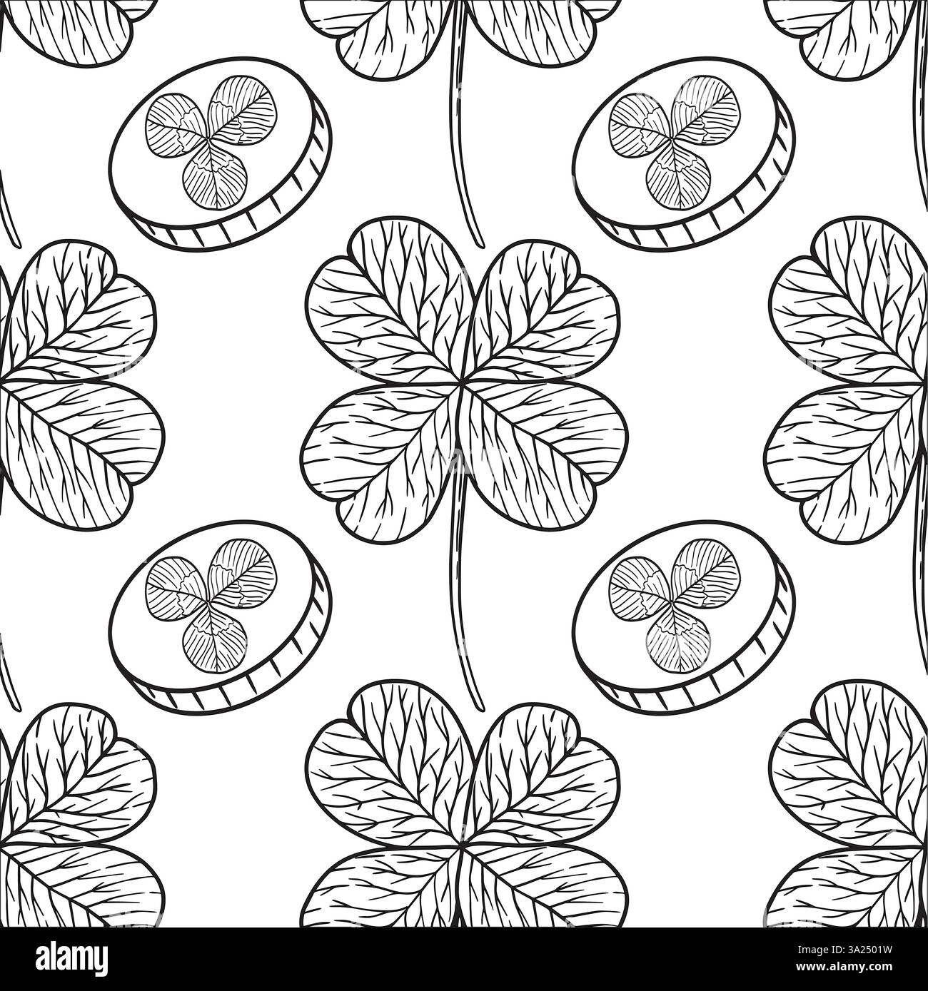 Cet élégant motif arbore de délicieux trèfles à quatre feuilles et des pièces de monnaie chatoyantes, idéal pour tous les modèles printaniers. Graphiques vectoriels en noir et blanc dessinés à la main en dessin au trait pour l'impression sur papier et tissu. Illustration de Vecteur