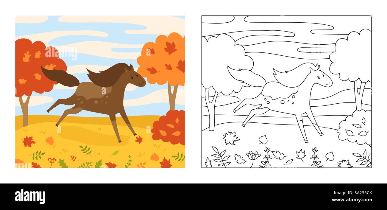 Livre de coloriage de paysage d'automne de cheval pour illustration de dessin animé vectoriel d'enfants. Cheval d'étalon de jument comique dans la vallée. Animal de caractère plat drôle. Dessin design saisonnier parfait pour l'art des enfants Illustration de Vecteur