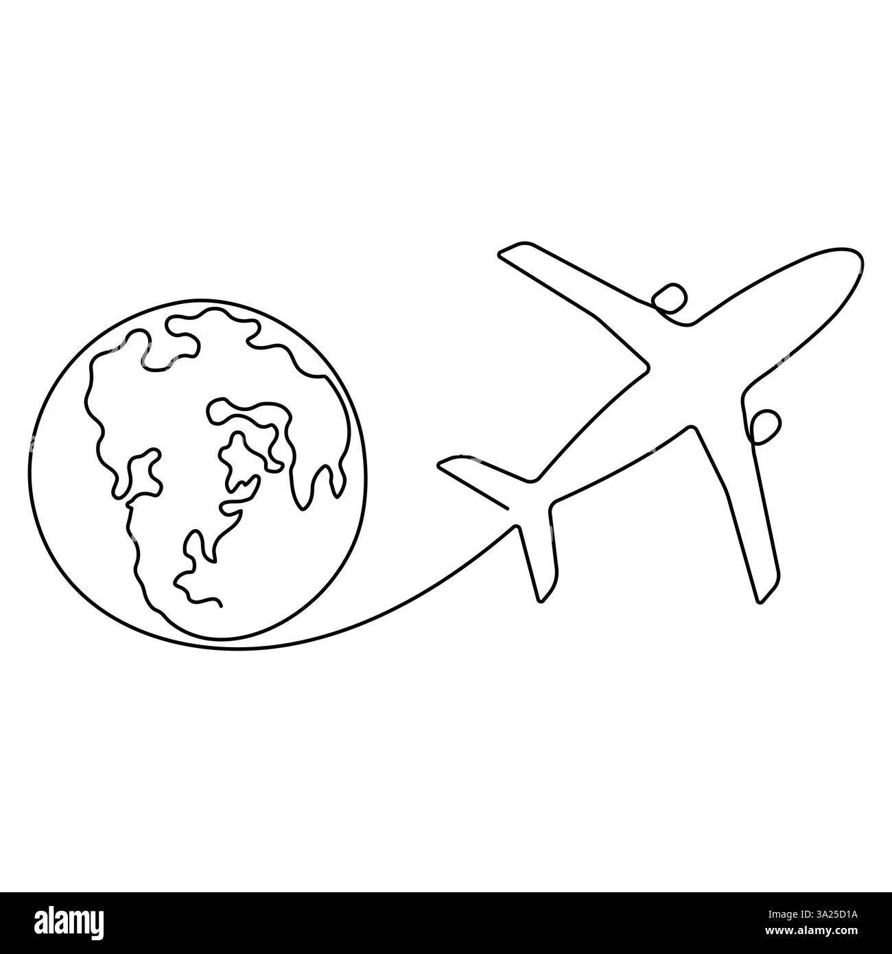Dessin continu d'une ligne d'avion volant autour de l'icône de la terre de la planète, icône du tourisme mondial, illustration vectorielle de contour Illustration de Vecteur