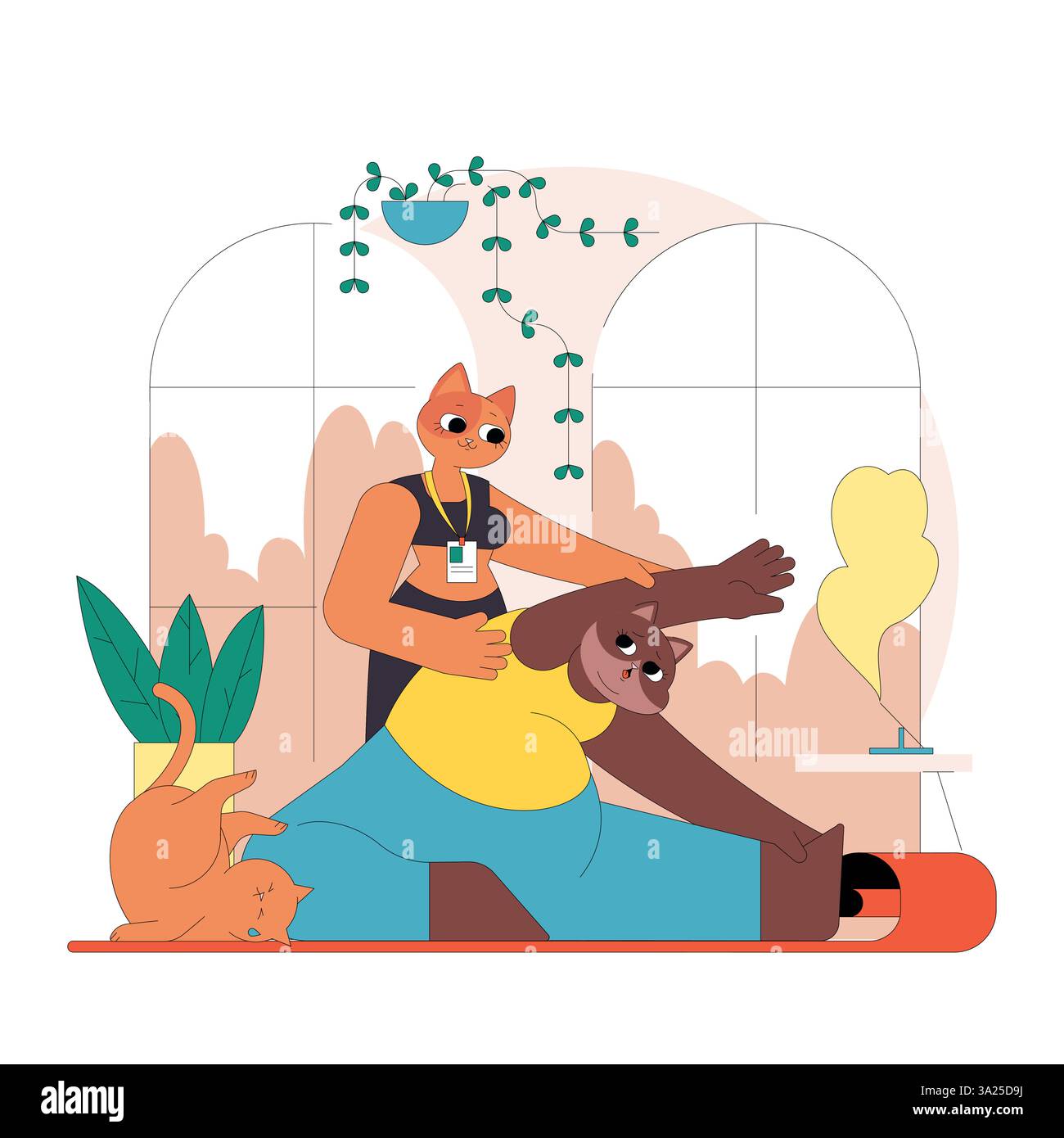 Illustration de remise en forme avec un instructeur félin de soutien aidant un ours à s'étirer pendant un entraînement à domicile. Stagiaire détendu, avec des animaux à proximité, montrant un environnement d'exercice confortable et encourageant. Illustration de Vecteur