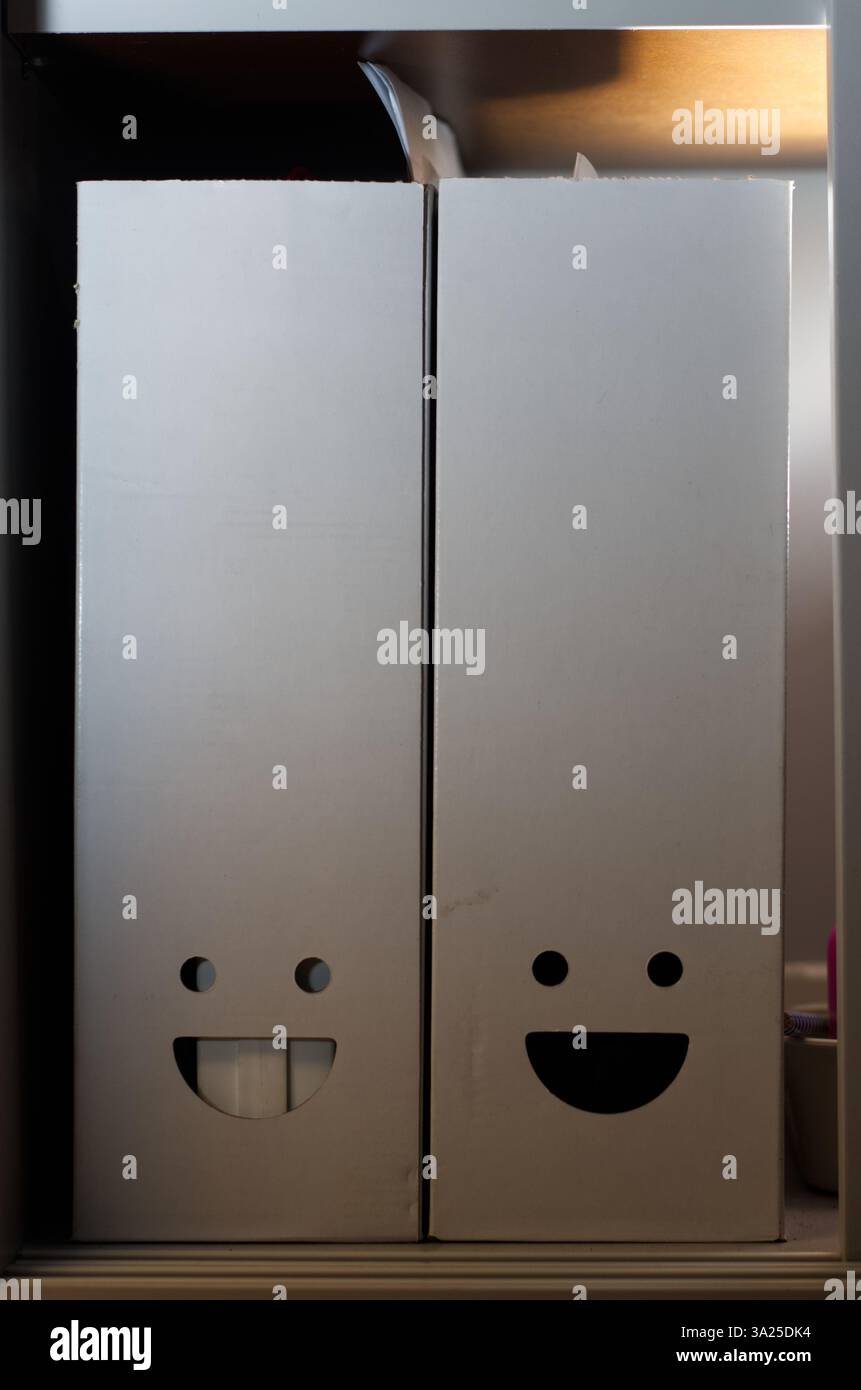 Boîtes de rangement blanches WO avec motifs de visage Smiley sur une étagère Banque D'Images