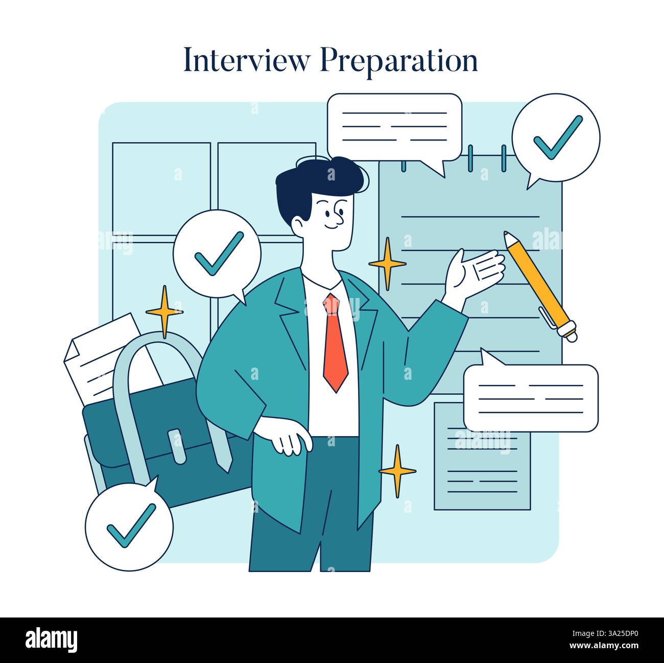 La préparation de l'entrevue est cruciale pour la réussite de carrière. Cette illustration représente une personne confiante prête pour un entretien, entourée d'outils essentiels comme des notes et une mallette. Il souligne l'importance de l'organisation, des compétences en communication et de la pratique pour atteindre les objectifs. Illustration vectorielle. Illustration de Vecteur