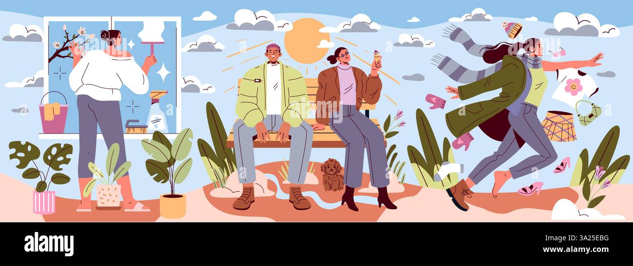 Célébration de l'Equinoxe de printemps illustrée par des scènes joyeuses de gens embrassant le renouveau. Les moments charmants capturent de nouveaux départs : nettoyage de printemps, dégustation de crème glacée au soleil et shopping sans soucis. Illustration vectorielle. Illustration de Vecteur Célébration de l'Equinoxe de printemps illustrée par des scènes joyeuses de gens embrassant le renouveau. Les moments charmants capturent de nouveaux départs : nettoyage de printemps, dégustation de crème glacée au soleil et shopping sans soucis. Illustration vectorielle. Illustration de Vecteur