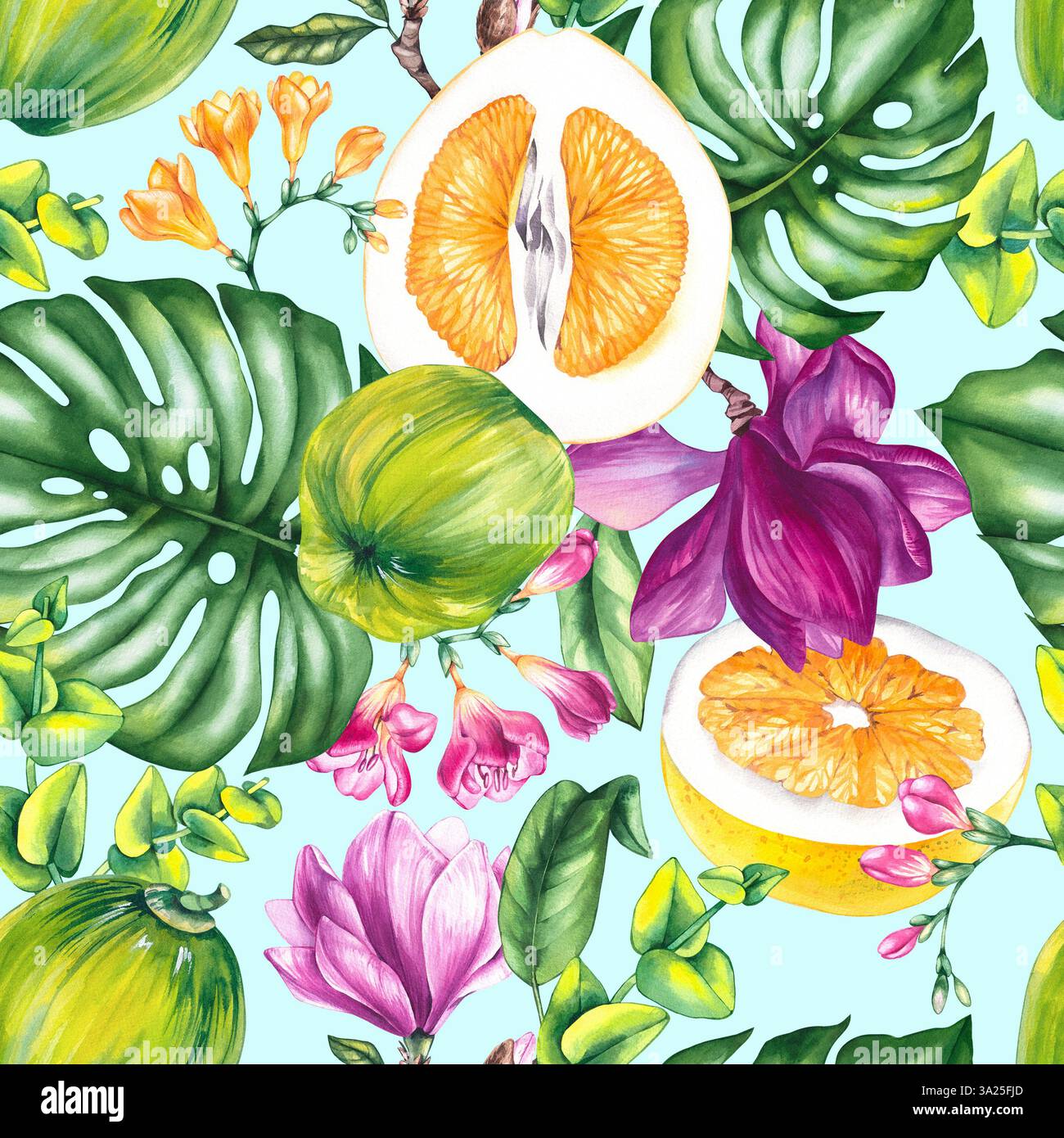 Motif aquarelle de fleurs de noix de coco. Motif floral sans couture avec pomelo pour l'emballage, textile, berddesign etc. Couturières Magnolia, Monstera et freesia Banque D'Images