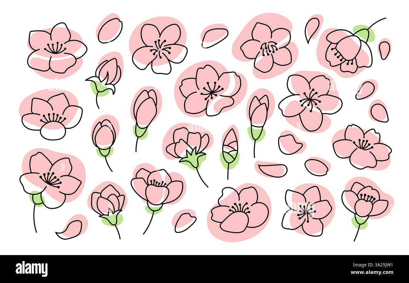 Ensemble de fleurs de cerisier. Illustration de contour. Griffonner. Fleurs de cerisier dessinées à la main isoler sur blanc. Collection Sakura. Illustration de Vecteur