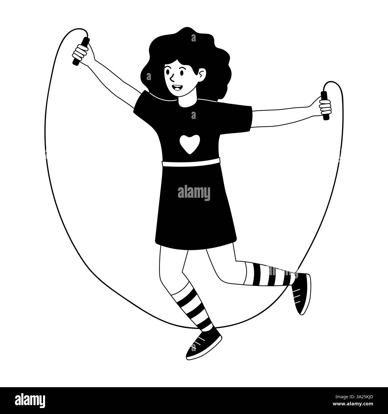 Fille à sauter à la corde dans une ambiance ludique avec une expression heureuse à l'extérieur Illustration de Vecteur