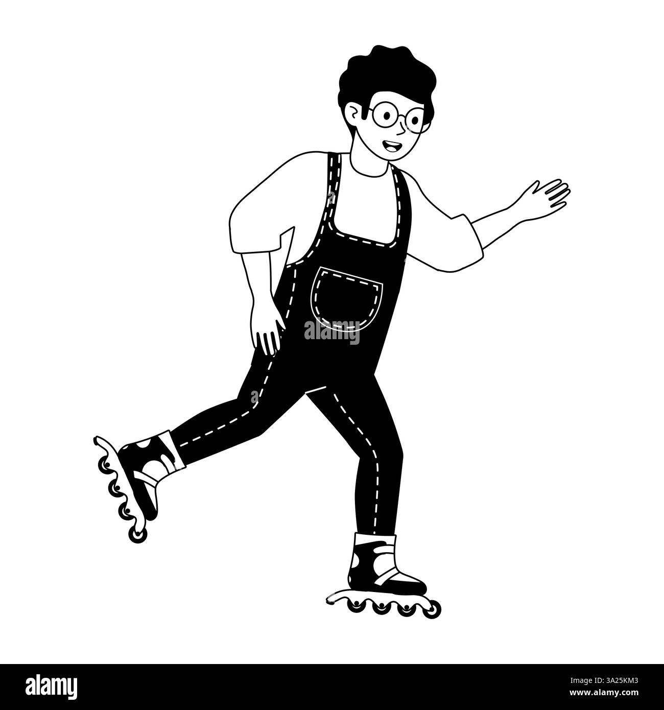 Enfant en salopette profitant du patin à roulettes dans un parc pendant l'après-midi lumineux Illustration de Vecteur