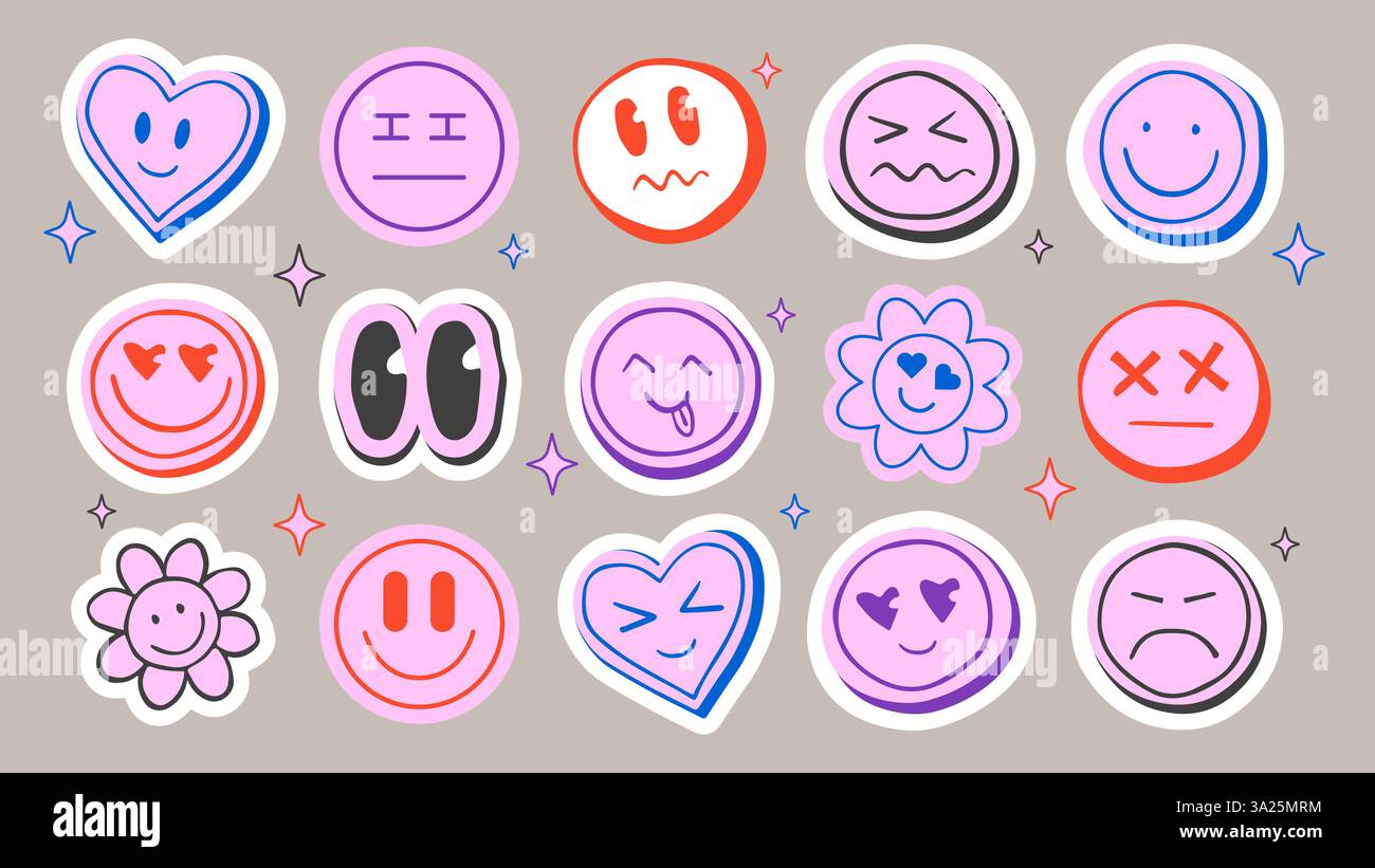 Lot d'autocollants visage d'émoticône ludique aux couleurs vives et au style rétro groovy. Icônes rondes à la mode amusantes avec diverses expressions de dessins animés - sourire, yeux roulants, sourire, rire, confus et aimer. Illustration de Vecteur