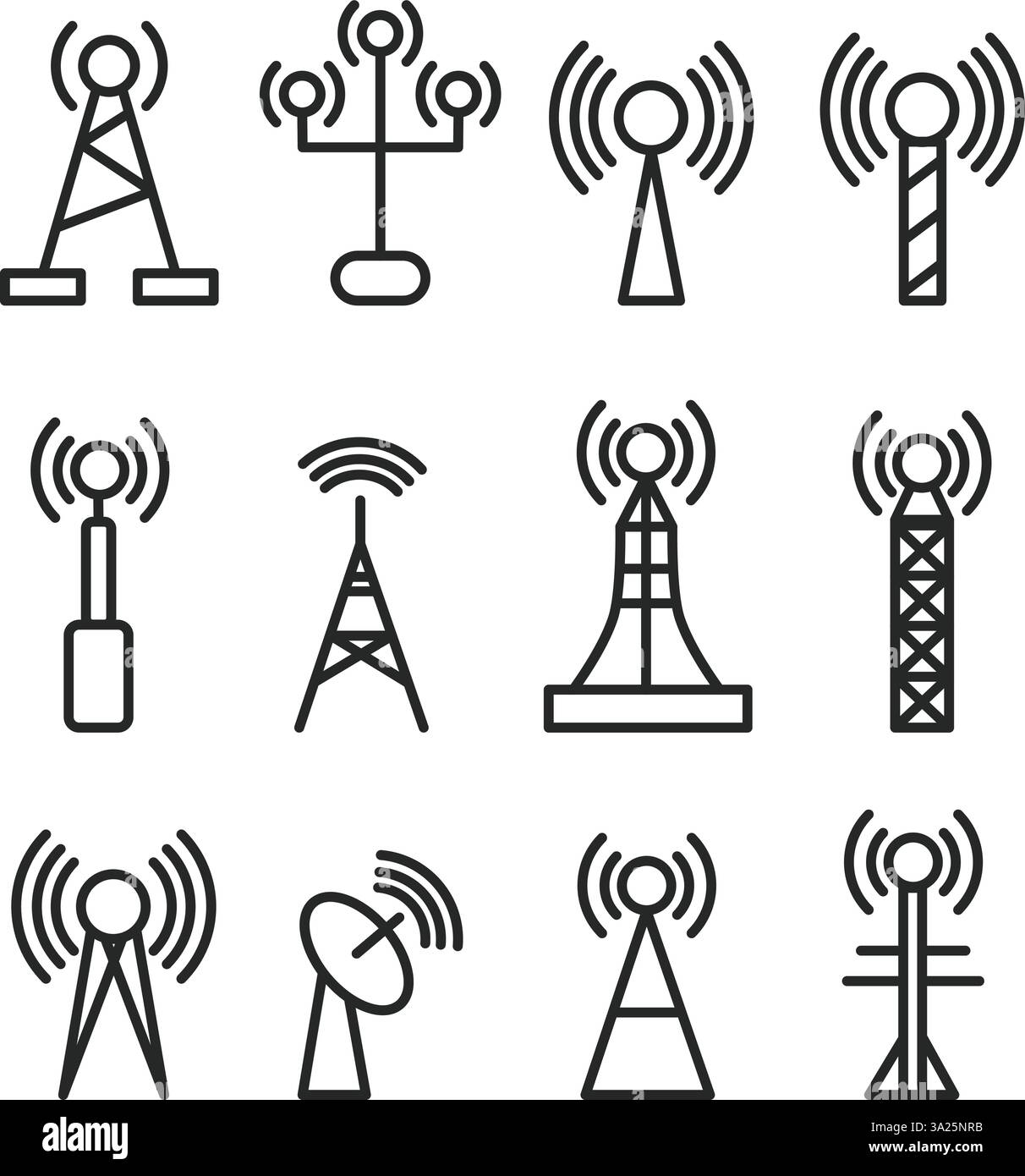 Icônes des tours de télécommunications. Antenne radio icône de ligne de mât cellulaire logo de la société de télécommunication, émetteur de base de réseau signal de téléphone aérien 4g 5g satellite neat illustration vectorielle originale Illustration de Vecteur