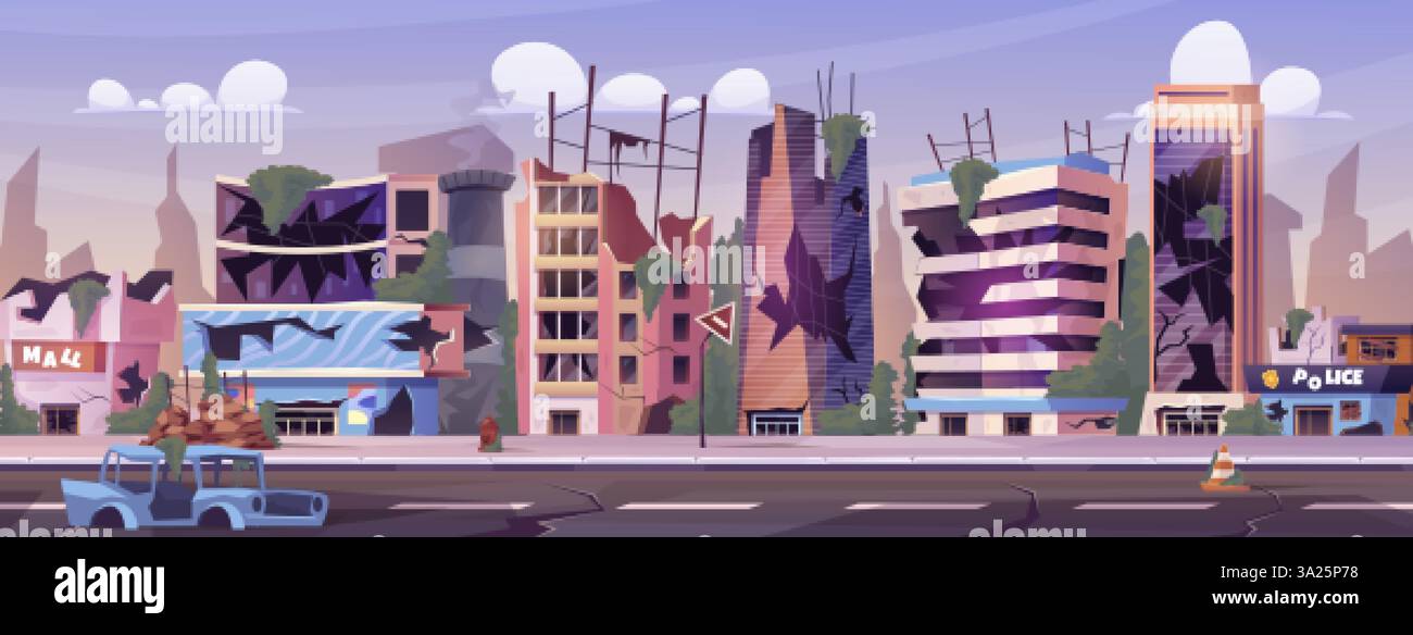 Ville ruinée. Zone de guerre détruisez, abandonnez les bâtiments endommagés maisons brisées après le tremblement de terre effondrée catastrophe post apocalypse fond de jeu de dessin animé, illustration vectorielle chic illustration originale Illustration de Vecteur