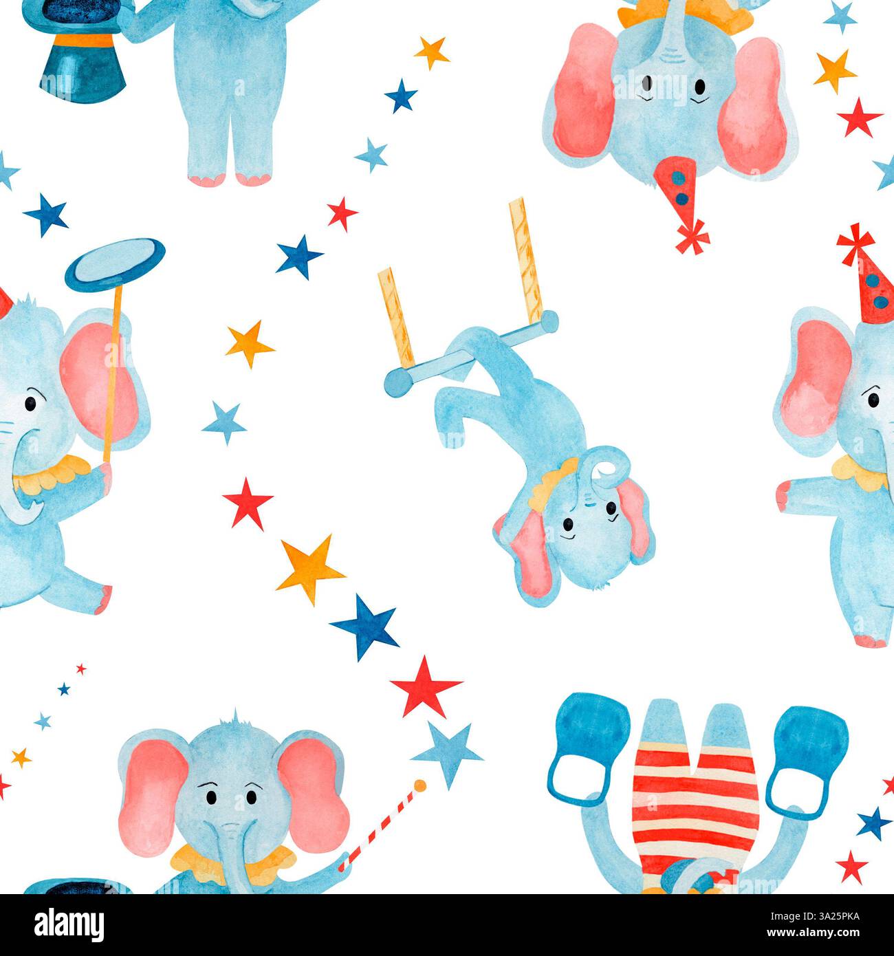 Motif sans couture aquarelle dessinée à la main éléphants de dessin animé : illusionniste, homme fort, gymnastique, jongleur et étoiles sur fond blanc. Pour tissu enfant Banque D'Images