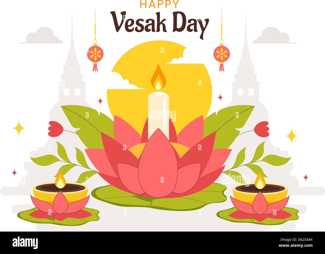 Happy Vesak Day Celebration illustration vectorielle présentant une silhouette de temple, une fleur de Lotus, des lanternes et la méditation de Bouddha dans un fond plat Illustration de Vecteur