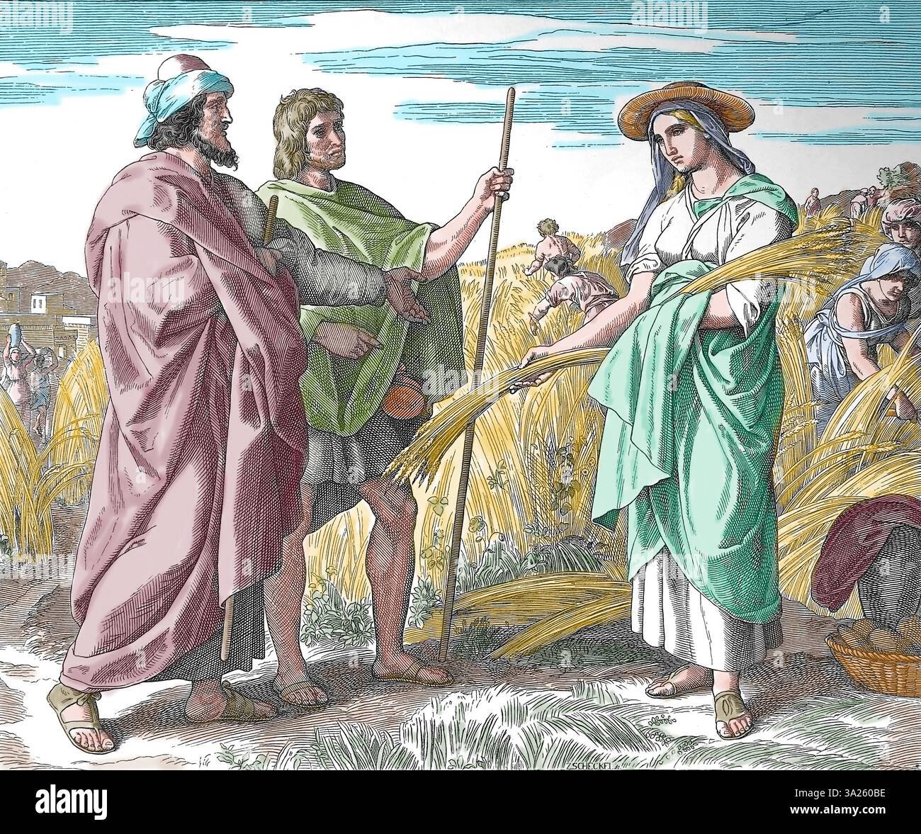 Bible. Ruth récolte des céréales dans le champ de Boaz. Le Livre de Ruth. Illustration par J. Schnorr von Carolsfeld. 'The Picture Bible', 1852-60. Banque D'Images