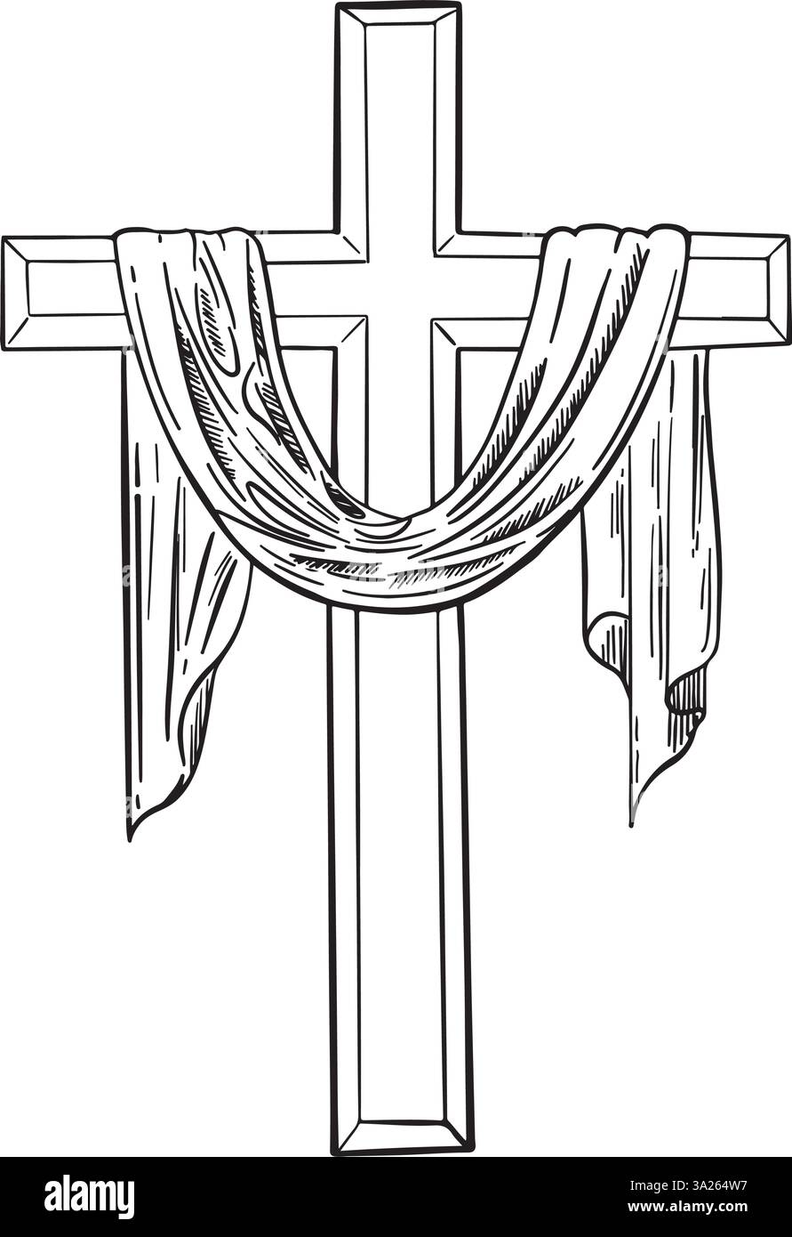 Croquis d'une croix avec un tissu. Illustration vectorielle dessinée à la main. Pour pâques, dimanche des palmiers. Thème religieux. Crusifix. Illustration de Vecteur