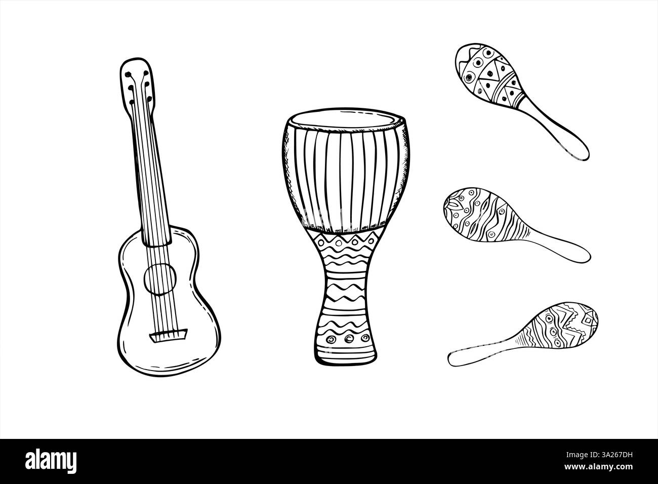 Tambour djembé, guitare et mélange orné maraca shakers ligne art dessin à l'encre noire. Musique traditionnelle latine et Caraïbes percussions et instruments à cordes Illustration de Vecteur