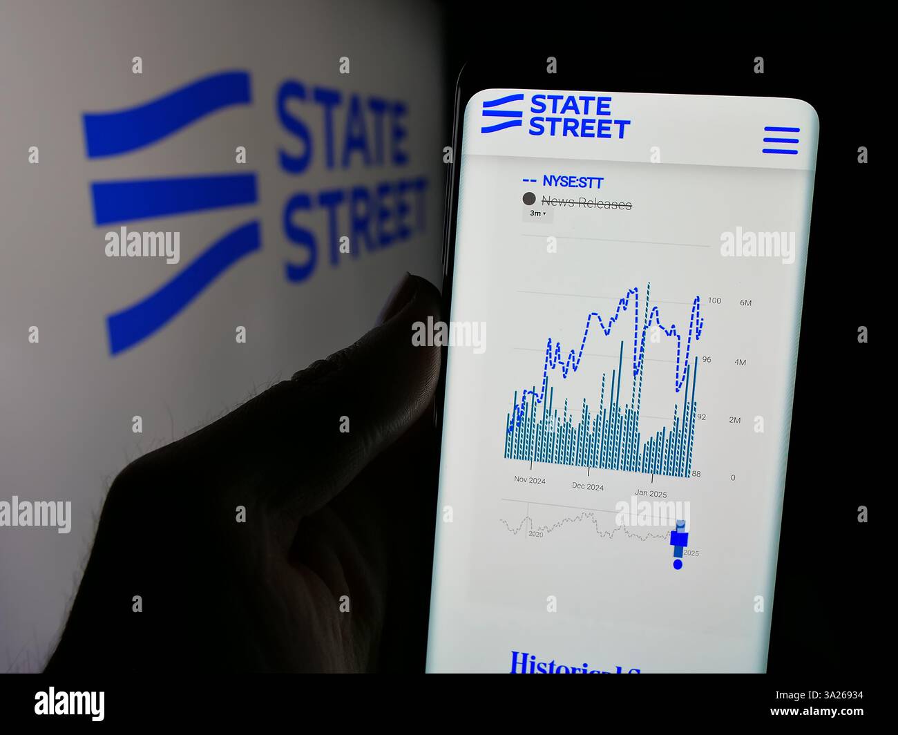 Dans cette illustration photo, une personne tient un téléphone portable avec la page Web de la société financière américaine State Street Corporation sur l'écran devant le logo. (Photo timon Schneider / SOPA images/SIPA USA) *** strictement à des fins éditoriales *** Banque D'Images Dans cette illustration photo, une personne tient un téléphone portable avec la page Web de la société financière américaine State Street Corporation sur l'écran devant le logo. (Photo timon Schneider / SOPA images/SIPA USA) *** strictement à des fins éditoriales *** Banque D'Images