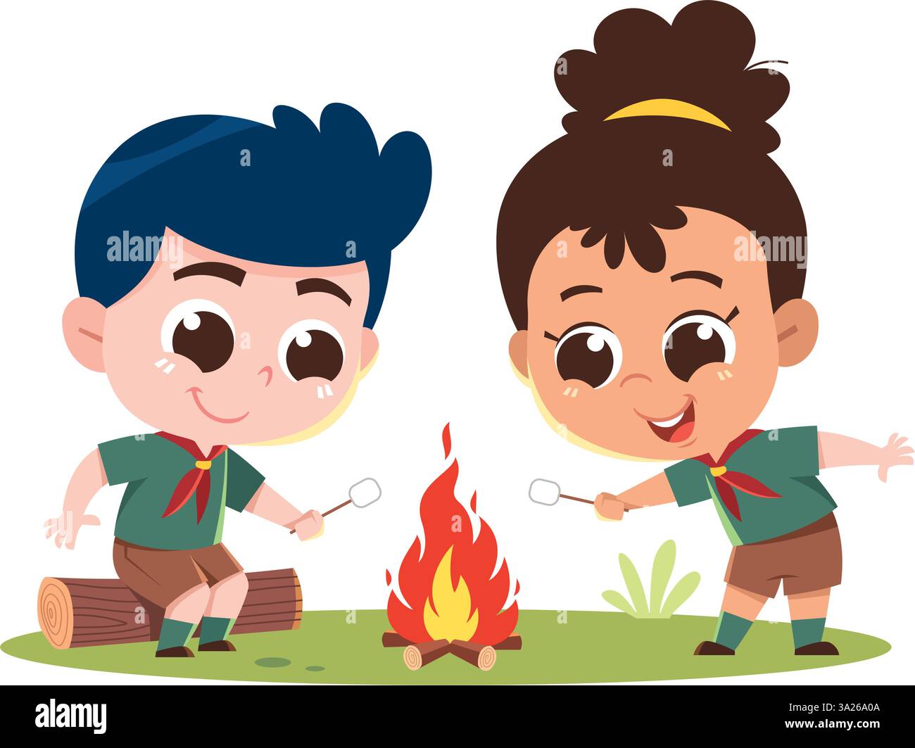 Heureux Scouts rôtissant des guimauves au feu de camp Illustration de Vecteur