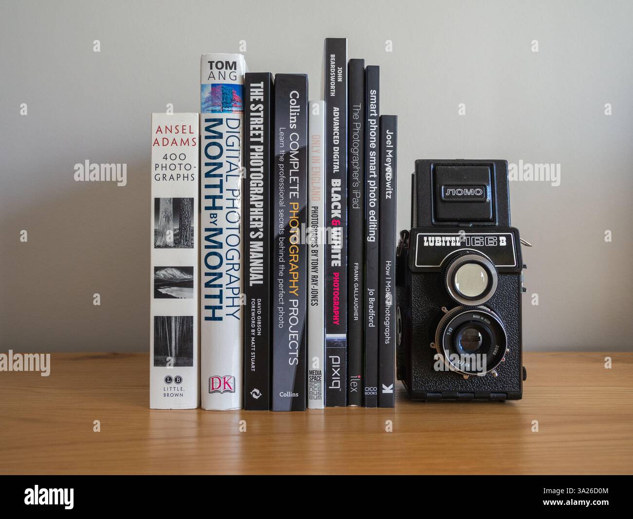 Pile de livres de photographie sur une table en bois avec un appareil photo Lubitel film ; concept pour la photographie comme passe-temps, passe-temps, intérêt, etc Banque D'Images