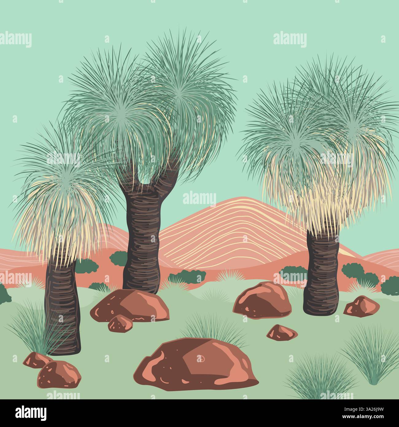 Xanthorrhoea arbre et paysage de montagnes. Les arbres de graminées, flore endémique australienne indigène. Arrière-plan vectoriel. Illustration de Vecteur Xanthorrhoea arbre et paysage de montagnes. Les arbres de graminées, flore endémique australienne indigène. Arrière-plan vectoriel. Illustration de Vecteur