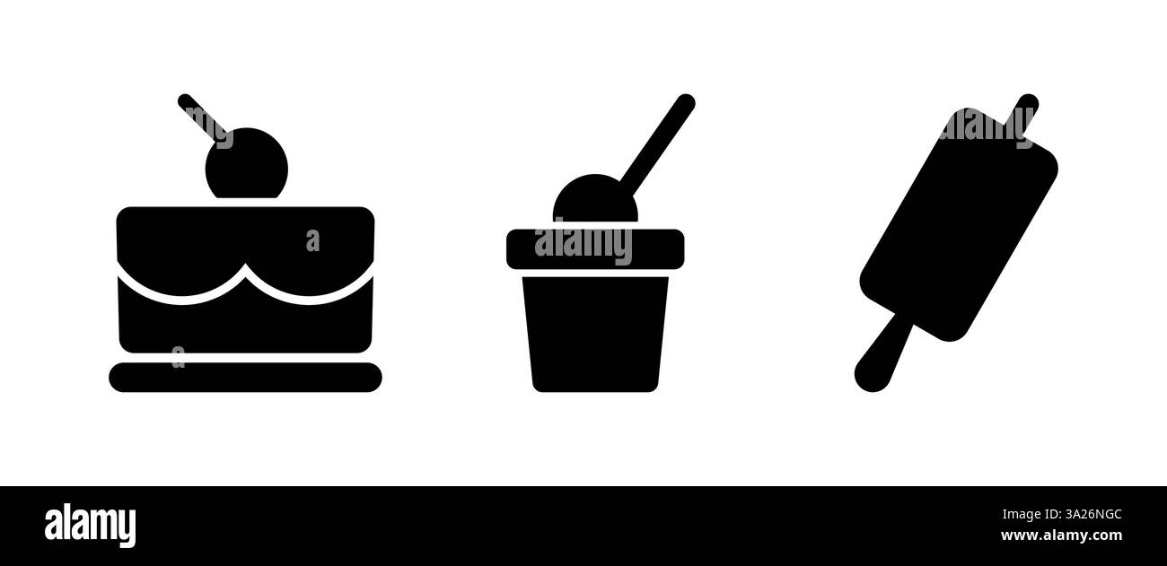 Silhouettes noires de desserts délicats, y compris gâteau et icônes Popsicle Illustration de Vecteur