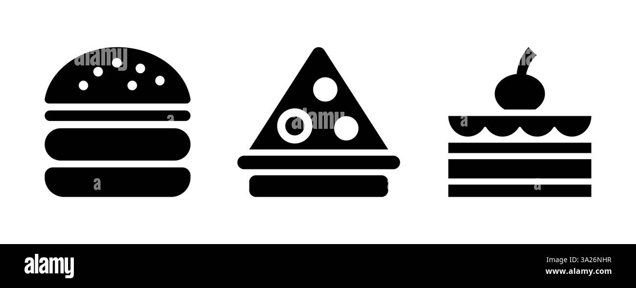 Icônes vectorielles de Burger, Pizza Slice et Cake pour des thèmes culinaires Illustration de Vecteur