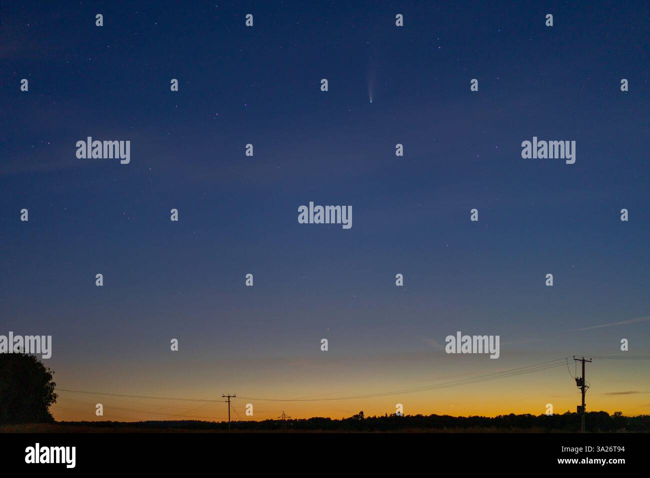 Comète Neowise clairement visible dans un ciel nocturne clair avec quelques éléments préropunds Banque D'Images