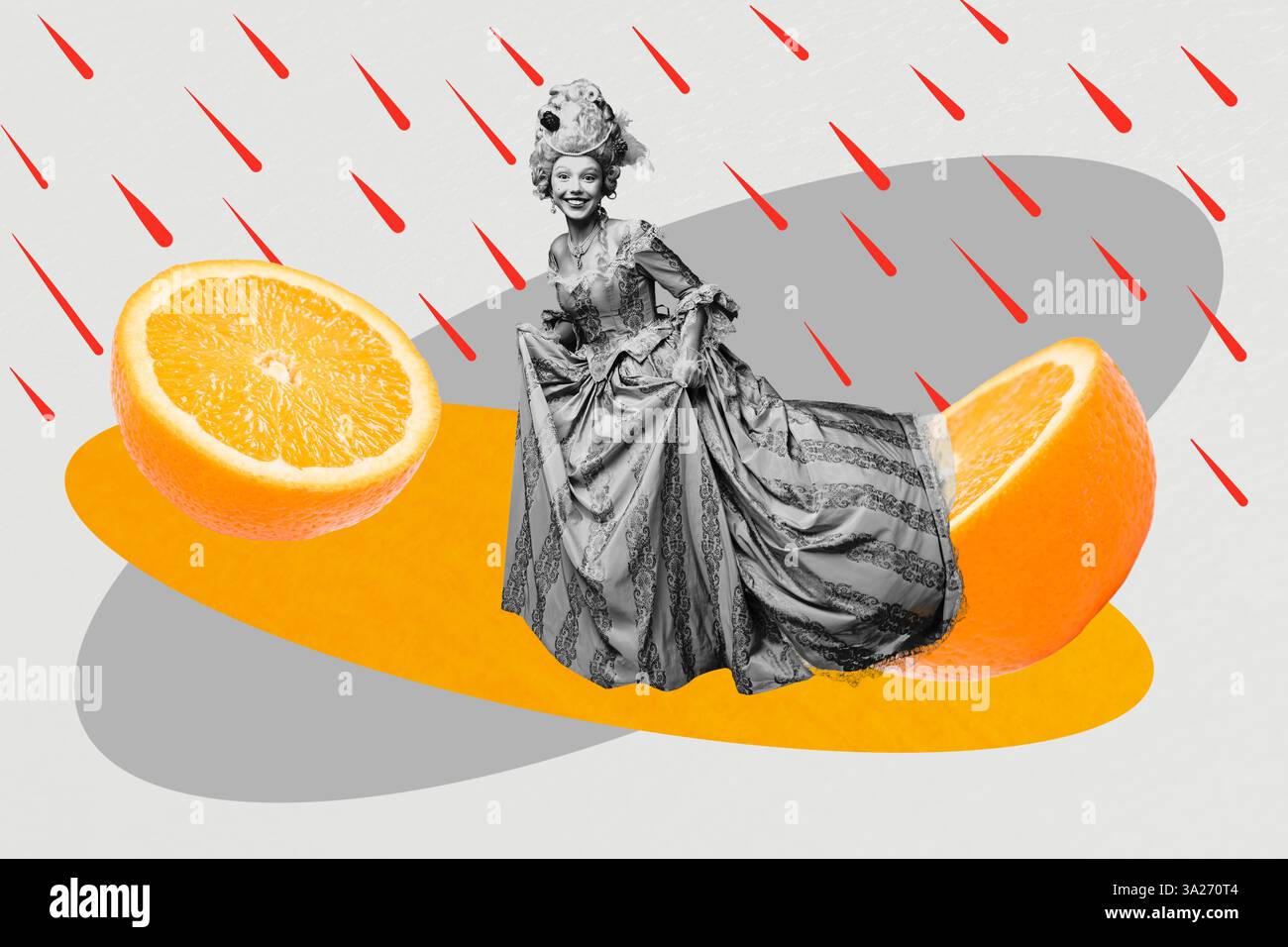 Affiche modèle d'esquisse de tendance collage 3D de fruit orange agrume jeune femme marche pluie aristocratique élégance de la mode robe de style historique Banque D'Images