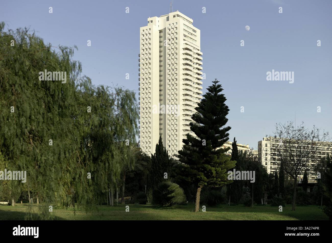 Gratte-ciel blanc haut au milieu des arbres contre un ciel bleu clair avec une lune visible. Valencia, Espagne Banque D'Images