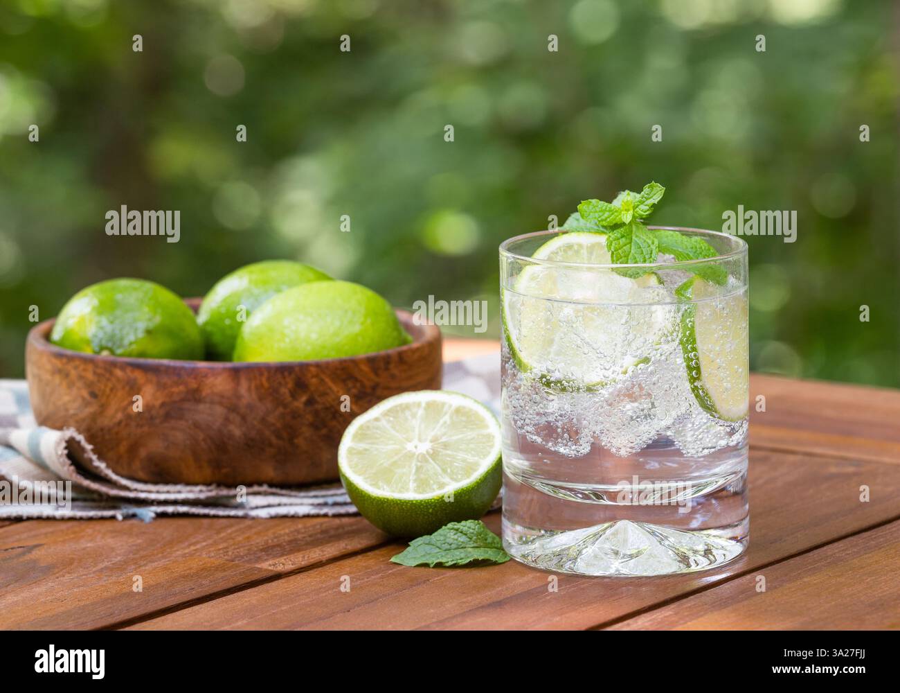 Verre d'eau pétillante avec des tranches de citron vert et des feuilles de menthe à l'extérieur sur une table en bois avec un fond de nature Banque D'Images