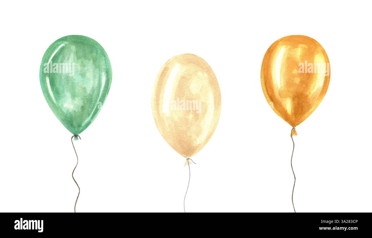 Aquarelle verte, orange, ballons d'hélium blanc sur l'illustration de jeu de cordes isolé fond. Bouquet coloré de ballon pour anniversaire et décor de fête. Banque D'Images