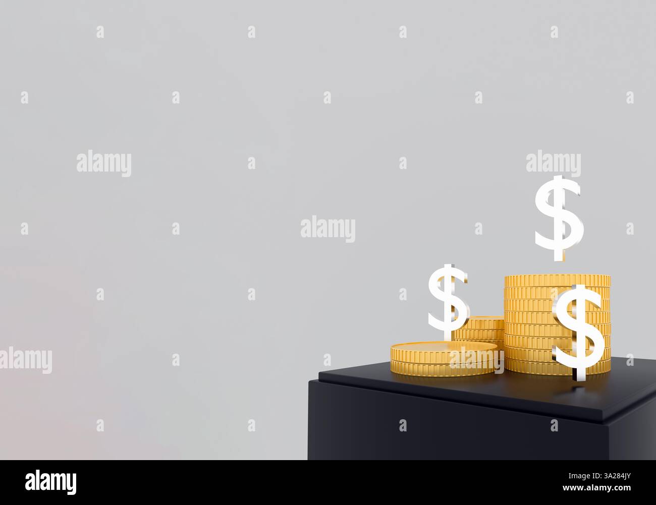 Piles de pièces d'or avec des symboles dollar flottant au-dessus, représentant la croissance financière, l'investissement, la richesse et le succès économique. Illustration 3D. Banque D'Images