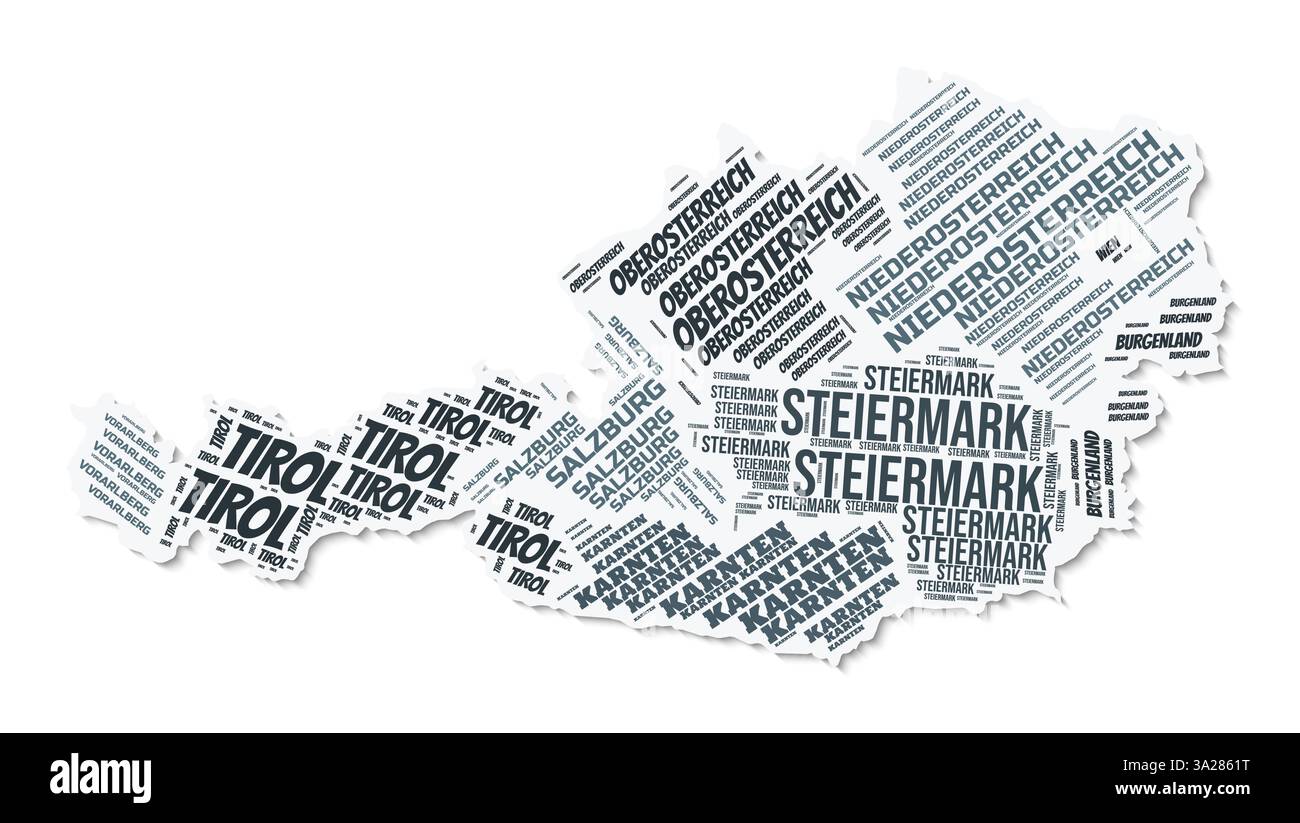 Nuage de texte de forme Autriche. Frontière de pays avec ombre sur fond blanc. Autriche avec division des régions dans le style vintage gazette. Illustration de Vecteur