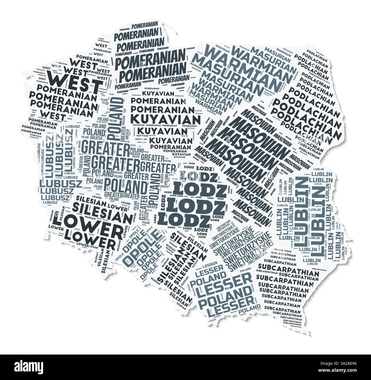 Nuage de texte de forme Pologne. Frontière de pays avec ombre sur fond blanc. Pologne avec division des régions dans le style vintage gazette. Illustration de Vecteur