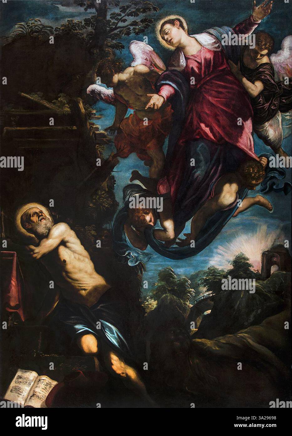 L’apparition de la Vierge du Tintoretto à la composition Jérôme dépeint un moment de révélation divine, avec Jérôme en admiration de la vision. La composition souligne le contraste entre la lumière et l'ombre. Banque D'Images