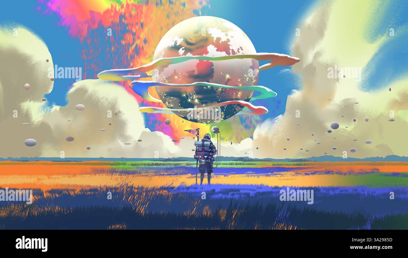 Un voyageur se tient dans un paysage onirique vif et regarde une énorme planète brillante avec des anneaux tourbillonnants colorés dans le ciel, style art numérique, je Banque D'Images