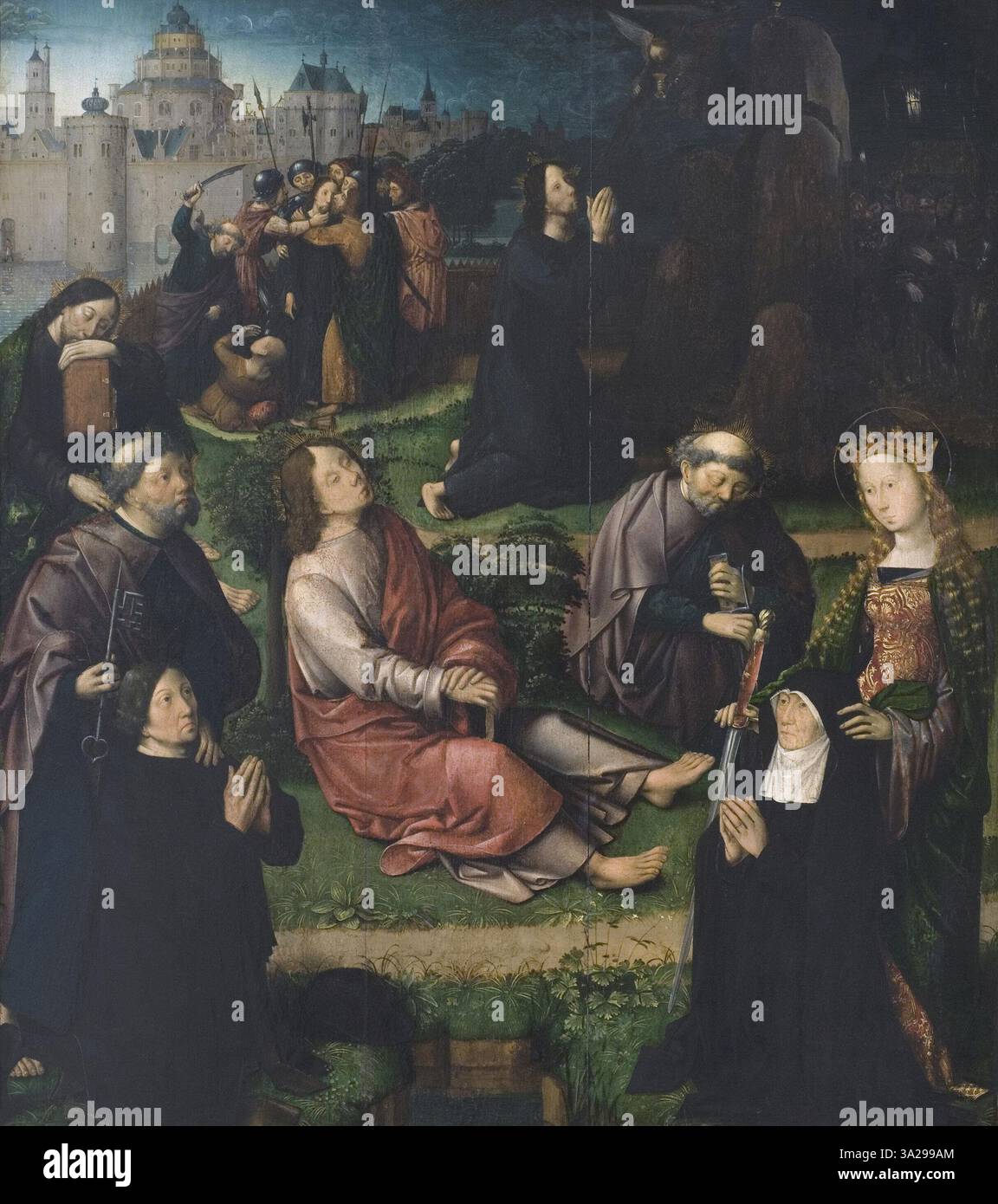 Ce tableau de la fin du XVe siècle représente l'agonie dans le jardin, avec la trahison du Christ, mettant en vedette les saints Pierre et Catherine d'Alexandrie, ainsi que deux donateurs. La pièce reflète l'art religieux d'Europe du Nord des années 1490-1500. Banque D'Images