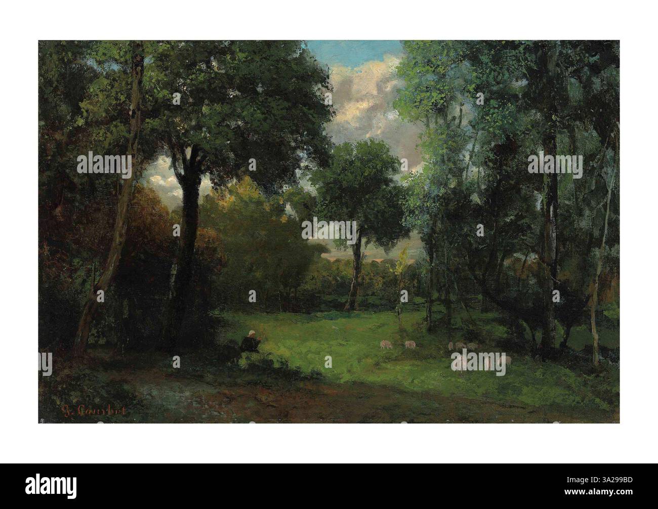 'La Clairière' de Gustave Courbet représente une forêt sereine, avec la lumière naturelle filtrant à travers les arbres. La scène capture le calme et la beauté du paysage boisé. Banque D'Images
