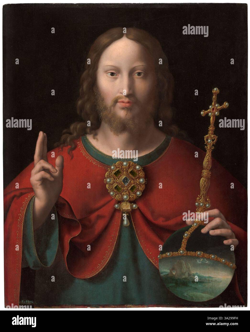 Joos van Cleve, vers 1485–1540/1541, Christ le Sauveur, vers 1530. Cette peinture représente Christ dans une pose traditionnelle du Sauveur. Il fait partie de la collection Museo del Prado. Banque D'Images