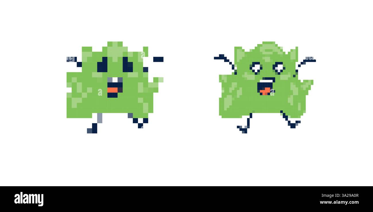 Monstres Pixel art affichant l'excitation et la peur dans différentes expressions émotionnelles Illustration de Vecteur