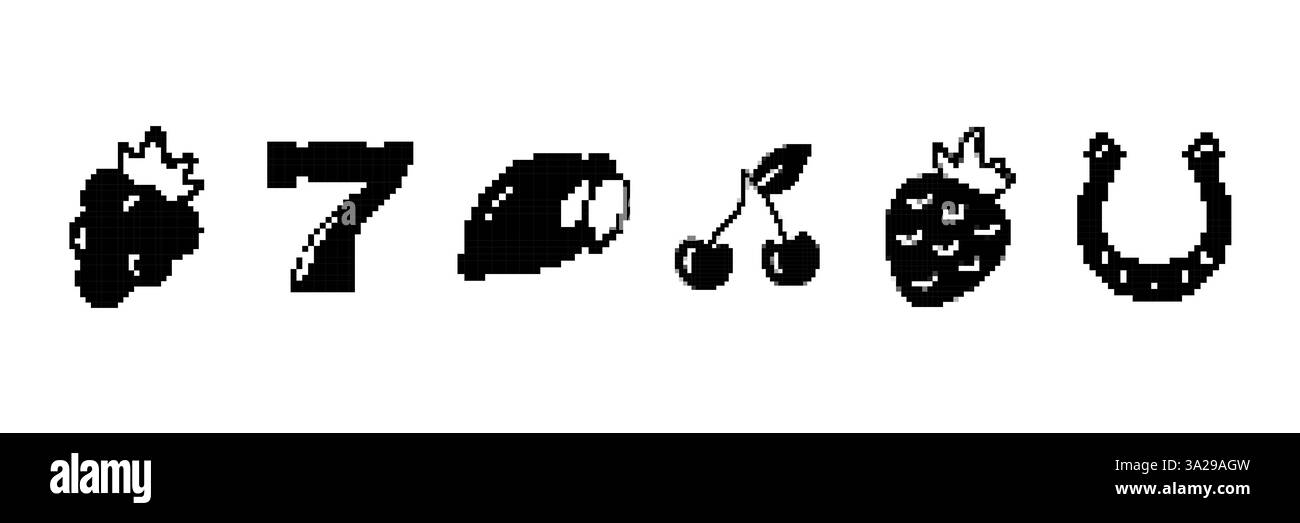 Symboles emblématiques de machines à sous représentant des fruits et des articles de bonne chance dans un design noir simple Illustration de Vecteur