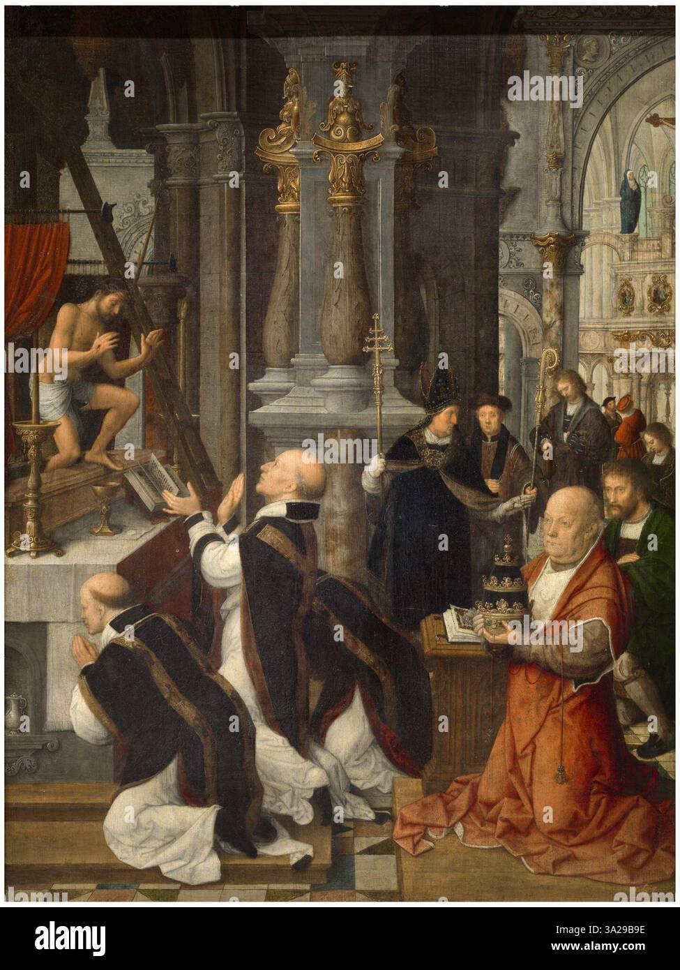 Cette peinture d'Adriaen Isenbrandt représente la messe de Saint Grégoire, soulignant le rituel religieux et l'atmosphère sacrée du service liturgique. Banque D'Images