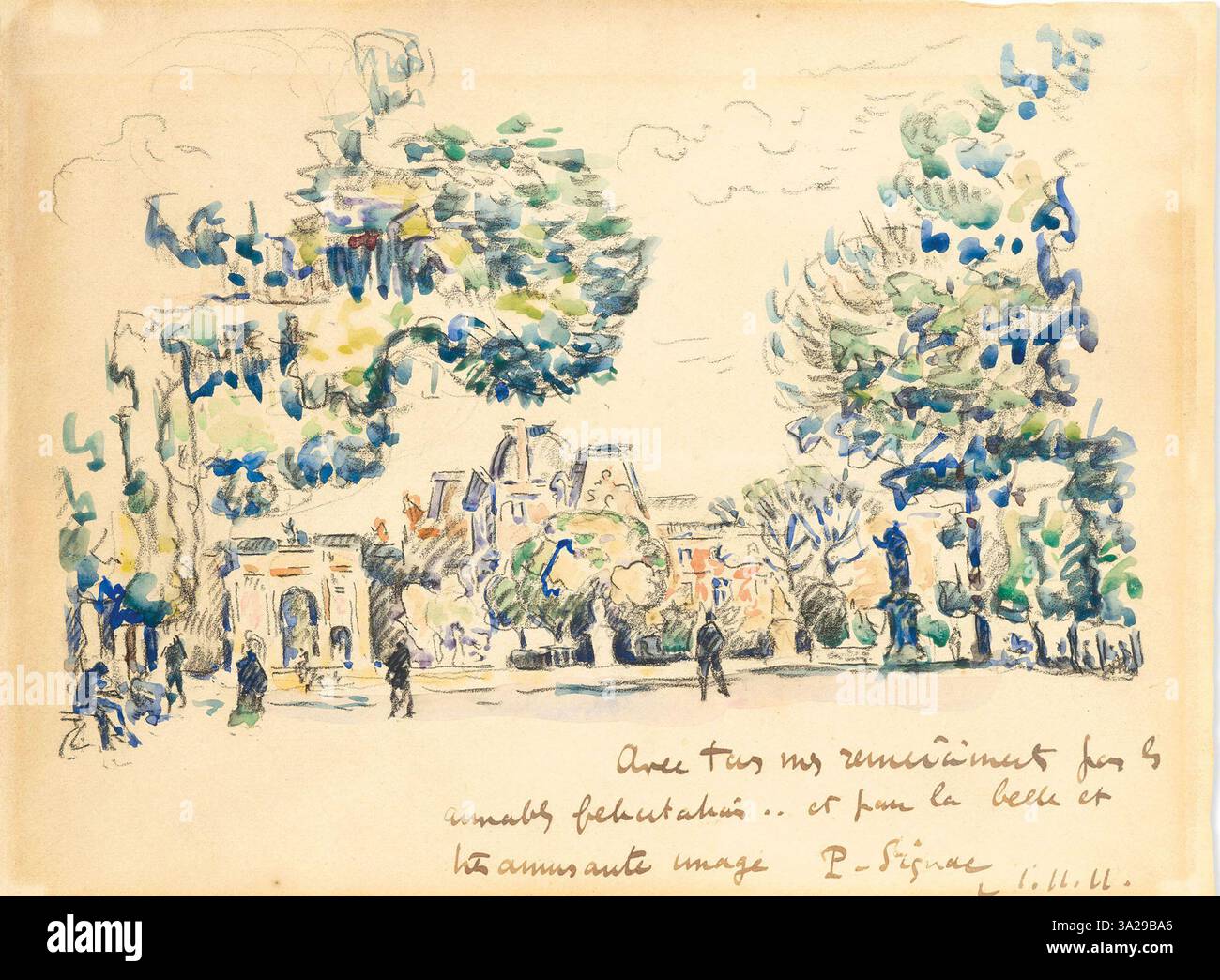 Le jardin des Tuileries de Paul Signac (1911) met en valeur le jardin emblématique parisien. L'utilisation vibrante du pointillisme met l'accent sur les arbres, les allées et les fontaines, avec la lumière réfléchie sur l'eau. La peinture capture l'atmosphère tranquille mais animée de ce célèbre espace public. Banque D'Images