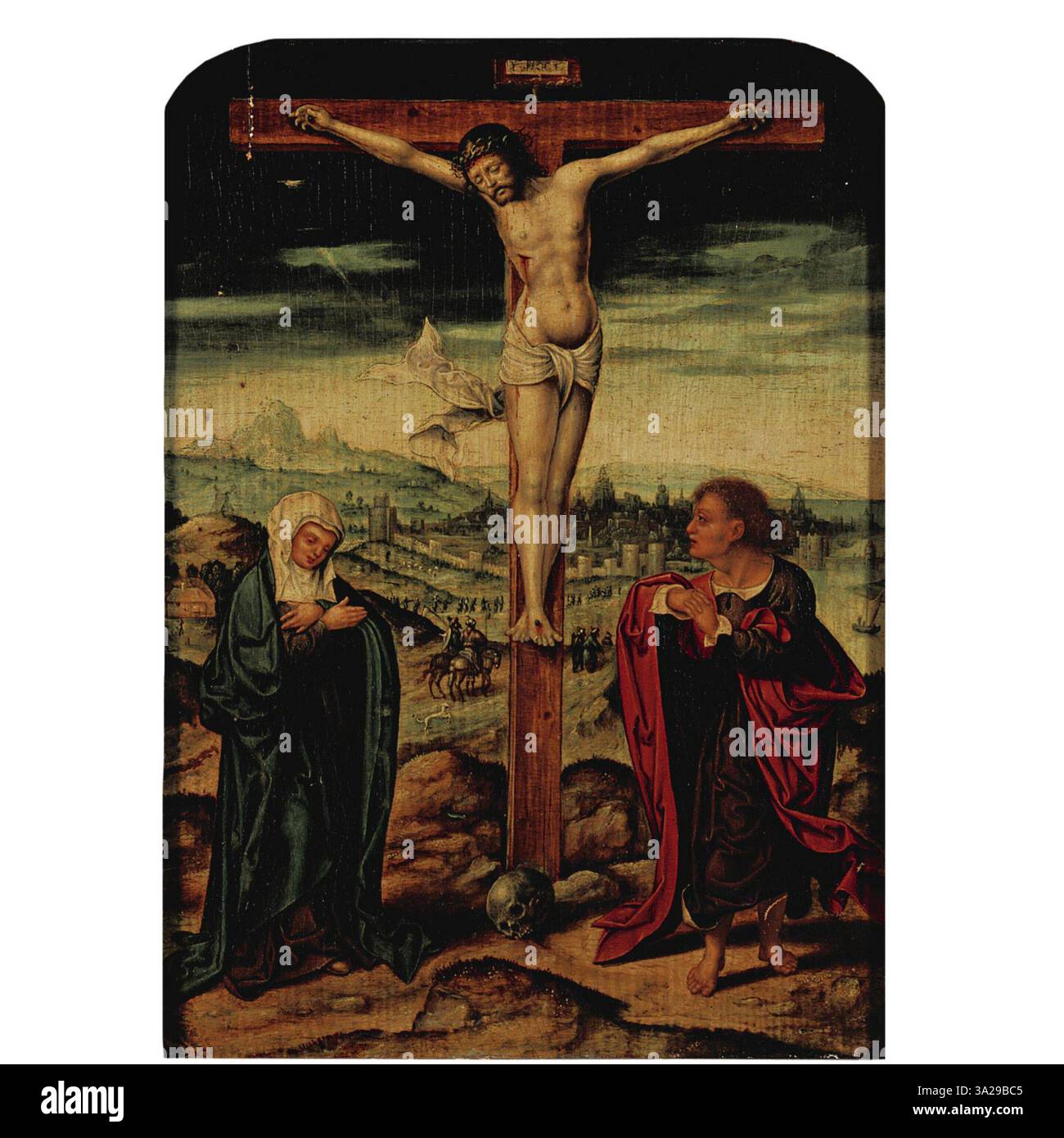 Une représentation de la Crucifixion, attribuée au cercle de Joos van Cleve, montrant le Christ sur la croix avec la Vierge Marie et Saint Jean l'évangéliste sur les lieux. Les travaux datent d'environ 1485-1540/1541. Banque D'Images
