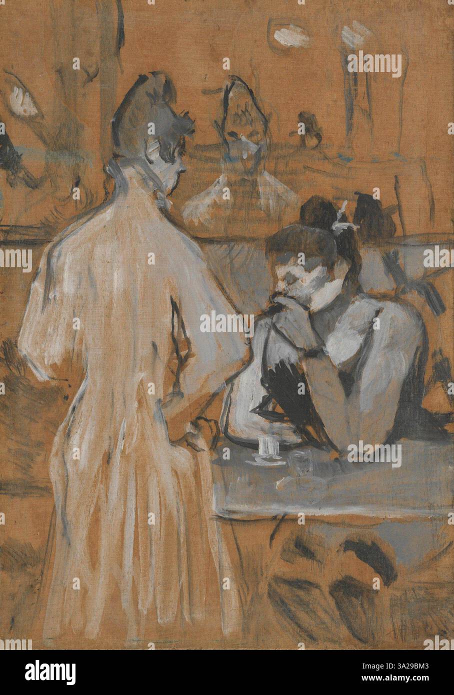 Cette œuvre d’Henri Toulouse-Lautrec représente deux femmes dans un café, capturant l’aspect intime et souvent graviteux de la vie parisienne du XIXe siècle. Les figures sont dessinées avec des détails vifs, mettant en valeur le style caractéristique de Lautrec de représenter les marginalisés. La scène du café met l’accent sur les dualités de la vie sociale, offrant un aperçu de la structure sociale de l’époque. Banque D'Images