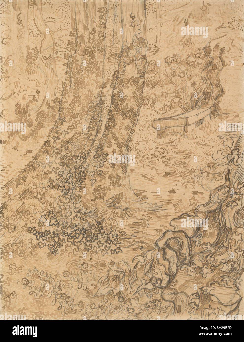Un dessin de Vincent van Gogh représentant des arbres couverts de lierre avec un banc installé dans le paisible jardin de l’hôpital Saint-Paul à Arles. Créé en mai 1889, il montre l'atmosphère tranquille. Banque D'Images