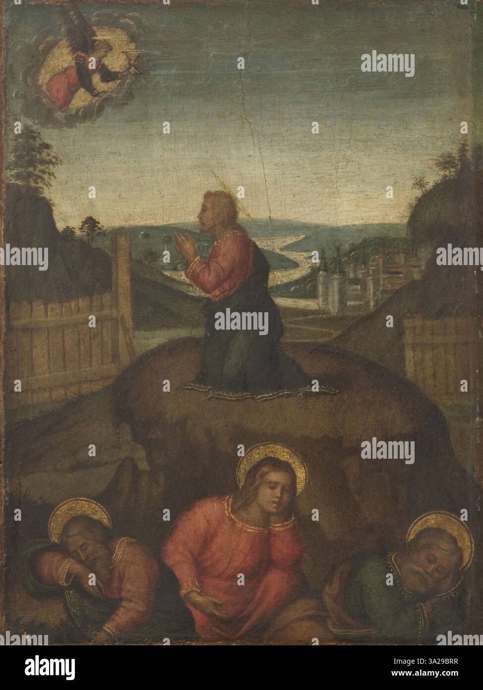 Ce tableau, attribué à Giovanni di Benedetto Cianfanini, représente la prière et la souffrance du Christ dans le jardin de Gethsémani avant sa crucifixion. L’œuvre transmet l’intensité émotionnelle du moment. Banque D'Images